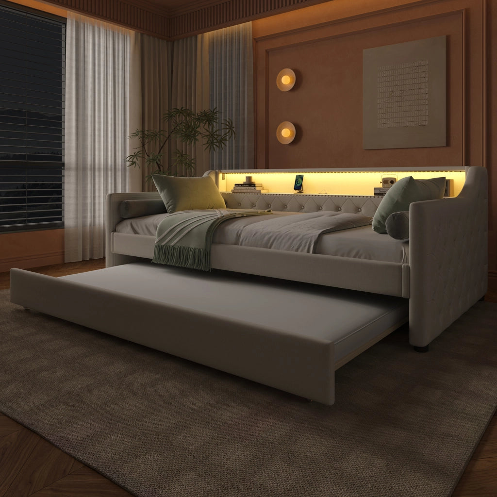 LETTO Divano letto estraibile 90x200 cm Lino Beige con LED e USB