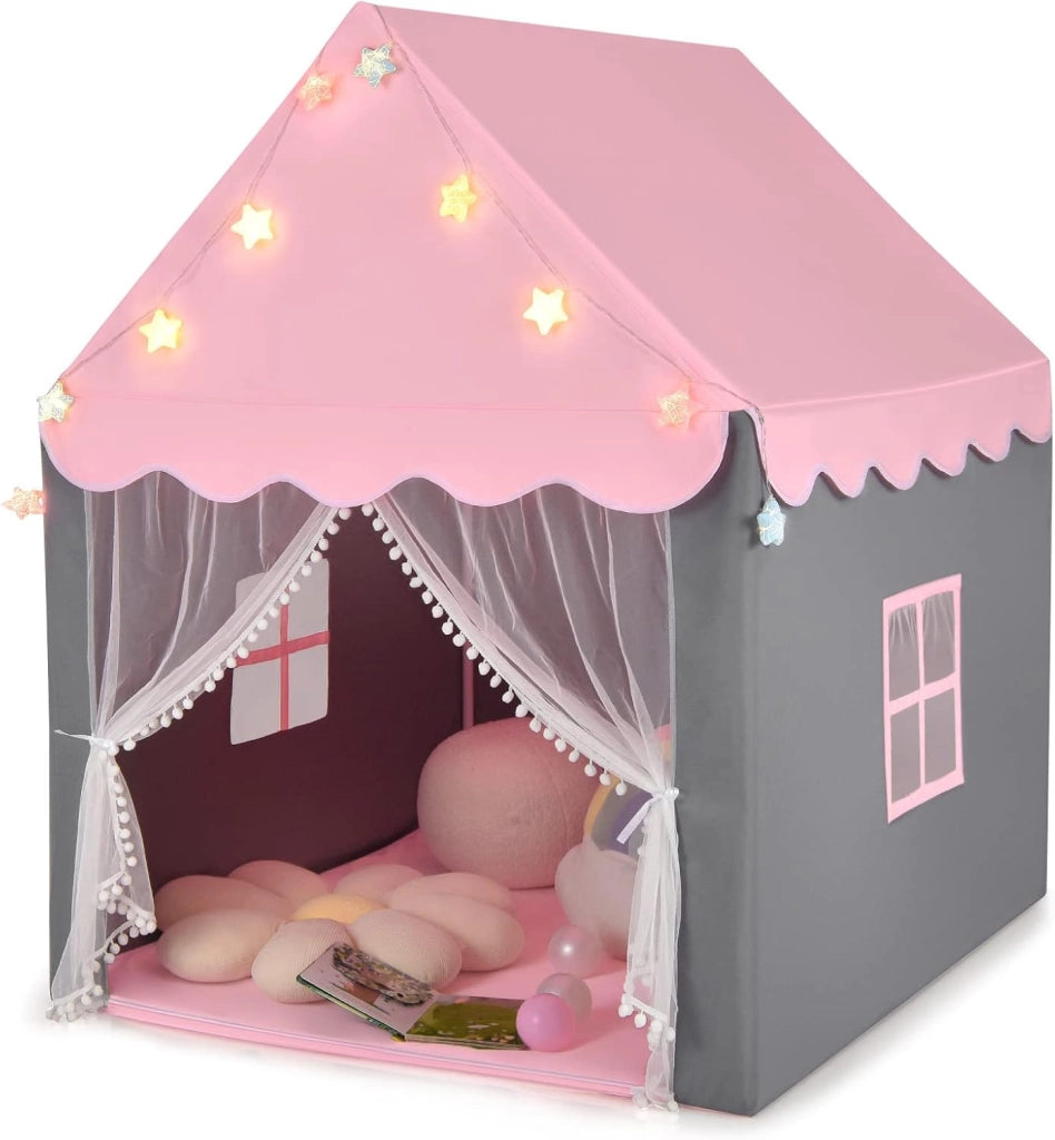 Tenda da Gioco per Bambini, Tenda Castello con Tappetino Lavabile, Luci a Forma di Stella, per Interno ed Esterno, 105 x 121 x 136 cm (Rosa)
