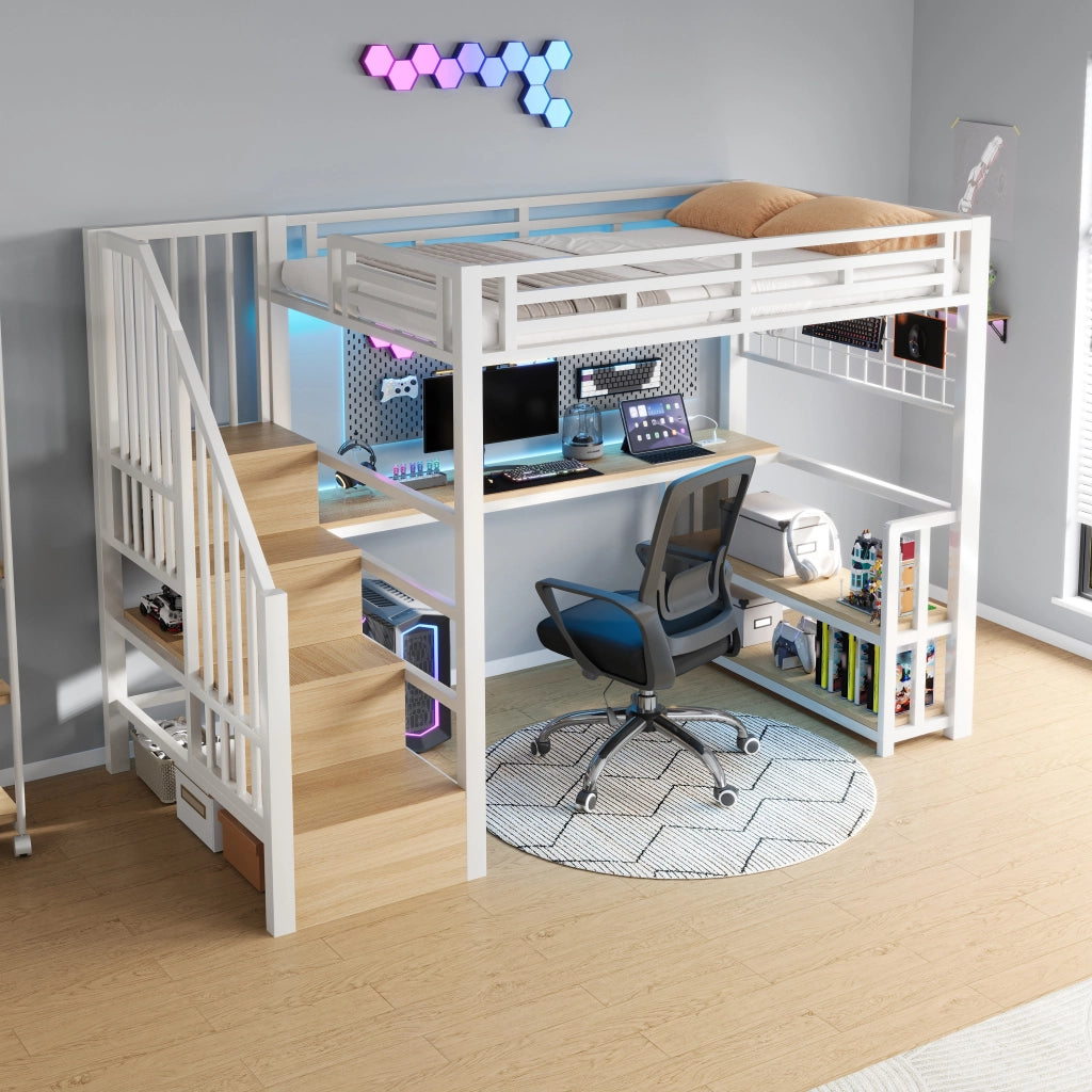 Letto a soppalco con scrivania e LED - Zephmum- 90x200 cm, Bianco, con USB e ripostiglio