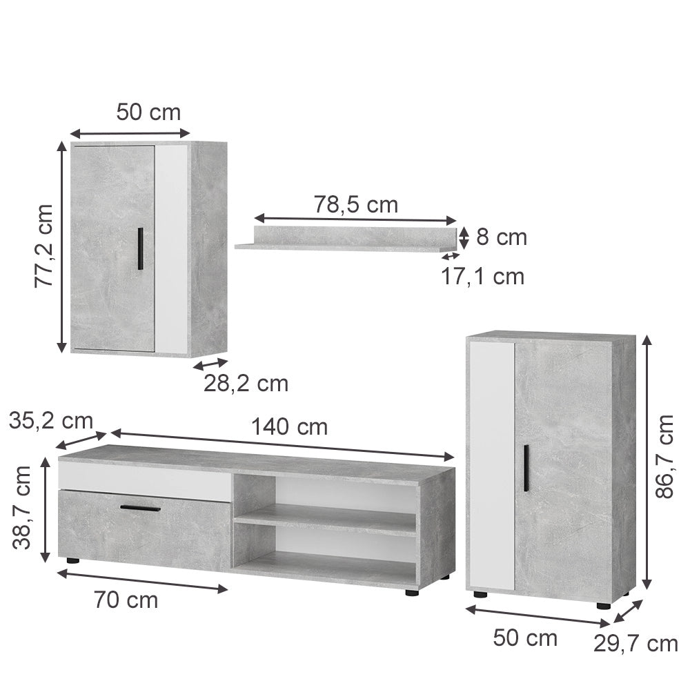 Vicco Parete attrezzata Calcestruzzo Set di 4