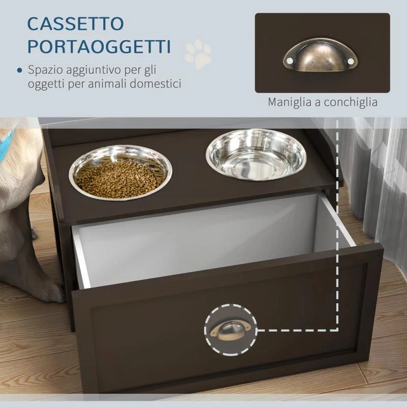 CIOTOLE PER CANI RIALZATE IN ACCIAIO INOX E LEGNO CON CASSETTO, 60X30X36CM, MARRONE