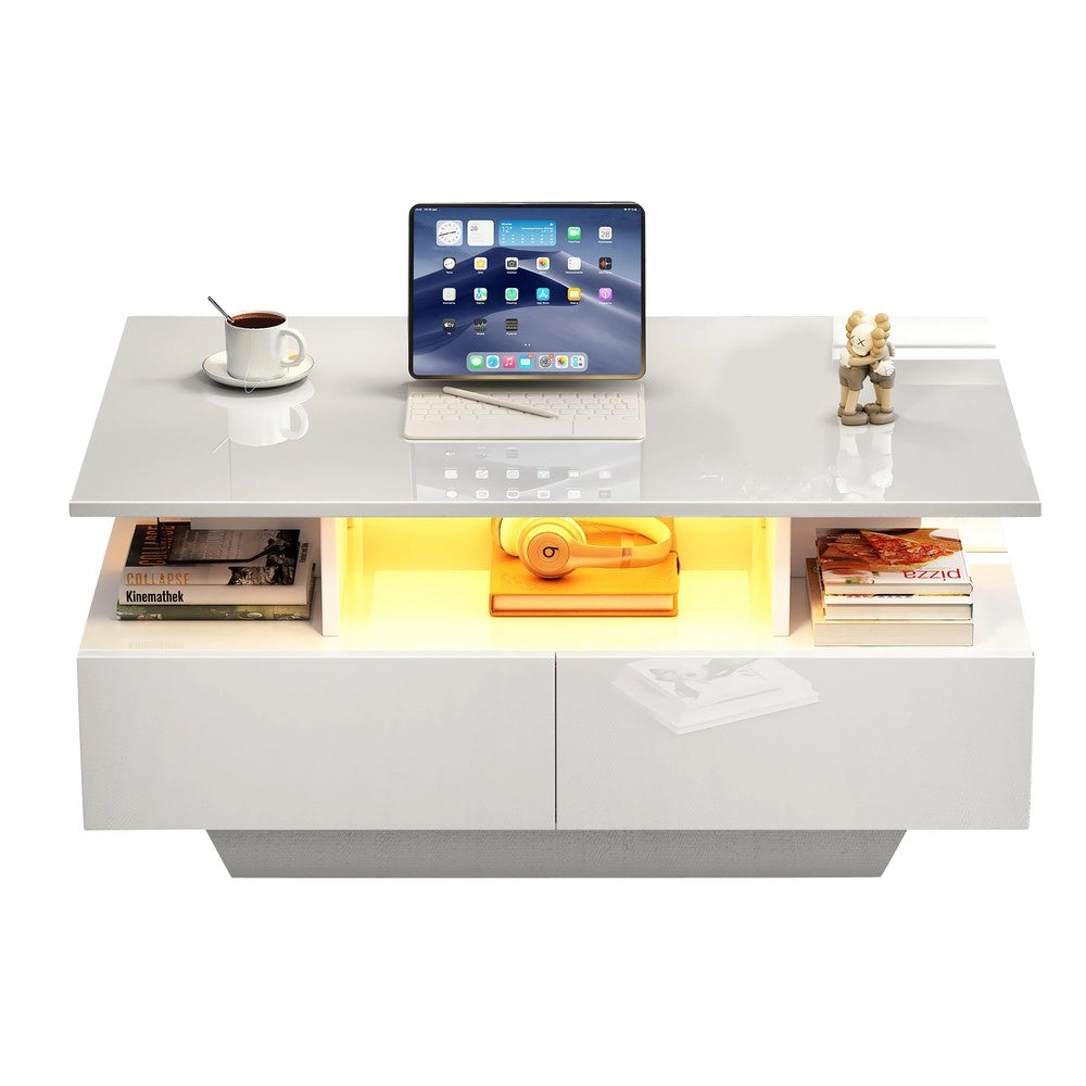 Tavolino da Caff¨¨ con LED e 2 Cassetti ¨C MINIMAL ¨C Lucido Bianco 90x55x41