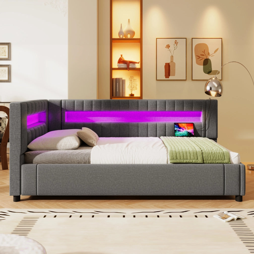 LETTO Contenitore 90x200 cm in lino grigio con LED e USB