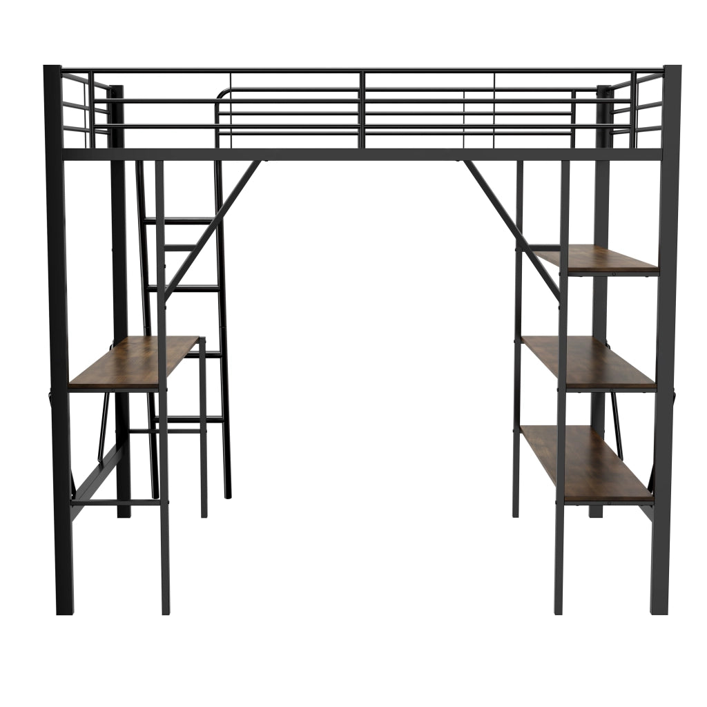 Letto a soppalco 90x200 cm in metallo con scrivania e 3 ripiani, nero