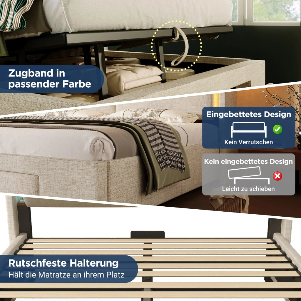 LETTO Contenitore 90x200 cm Beige in Lino con USB, USB-C e LED