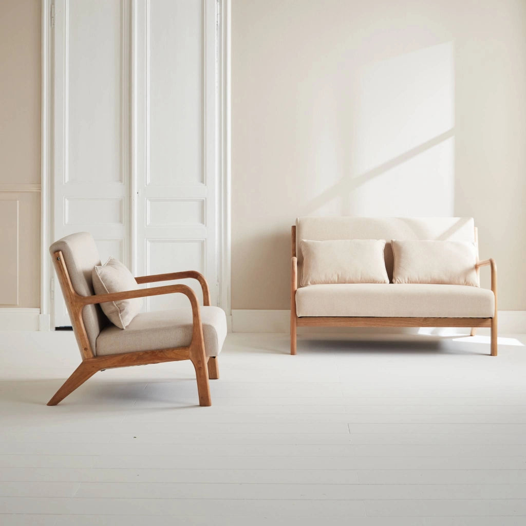 Set panca scandinava 2 posti e poltrona in legno, beige