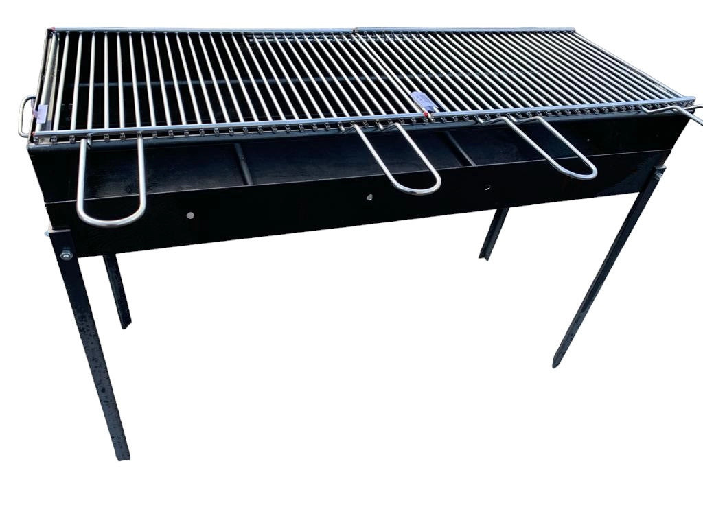 Barbecue in Ferro con 2 Griglie in Acciaio,Artigianale, Regolabile in 2 Altezze 100x38 cm, Piedi Estraibili, Portatile per Esterni