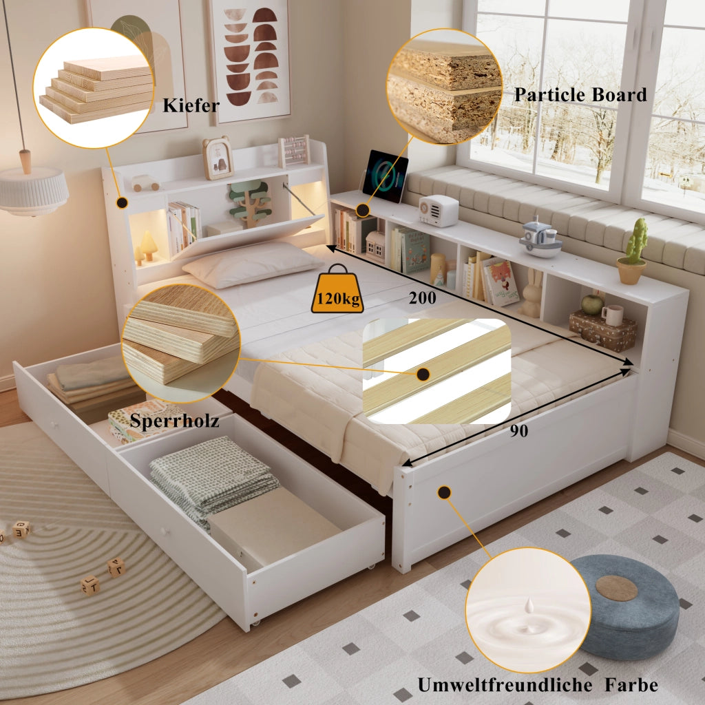 LETTO Singolo 90x200 cm Bianco con testiera, luci e cassetti