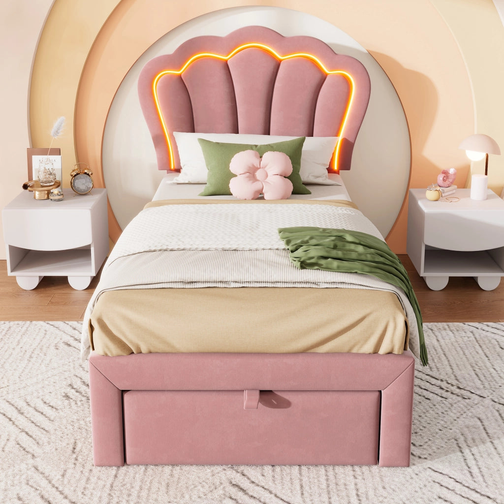 Letto Singolo Imbottito con Cassetti e LED ¨C MINIMAL ¨C Velluto Rosa 90x200