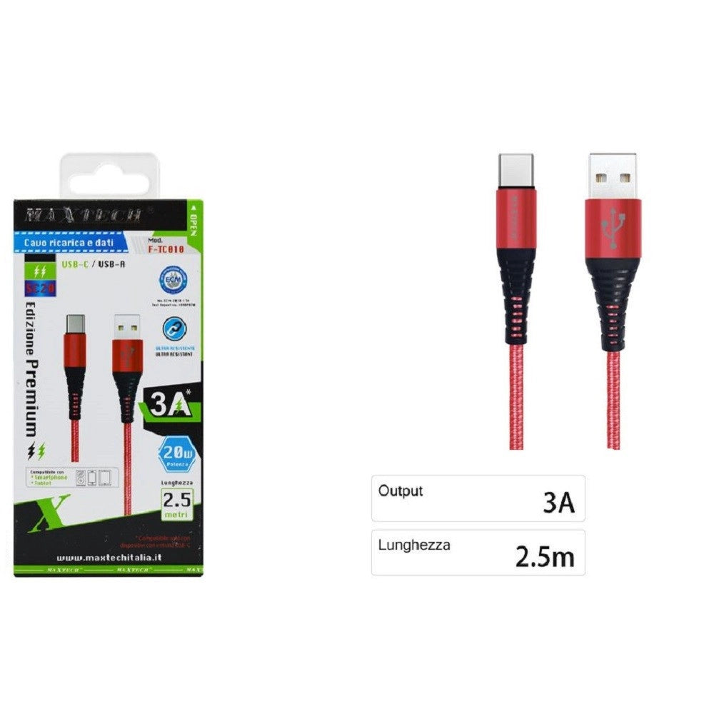 Trade Shop - Cavo Usb Type-c Ricarica Veloce 3a 2.5 Metri Trasferimento Dati Maxtech F-tc010 -