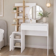 Postazione Make Up con Specchio Rotondo Bianco e Mensole Quercia 105x35x151 cm