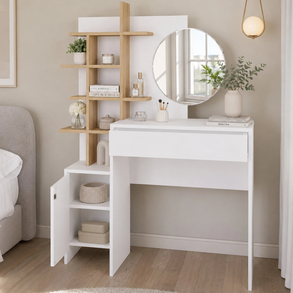 Postazione Make Up con Specchio Rotondo Bianco e Mensole Quercia 105x35x151 cm
