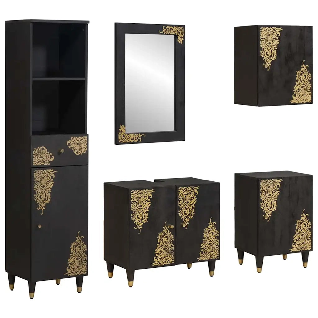 Set di Armadi da Bagno 5 pcs Nero Legno di mango massello