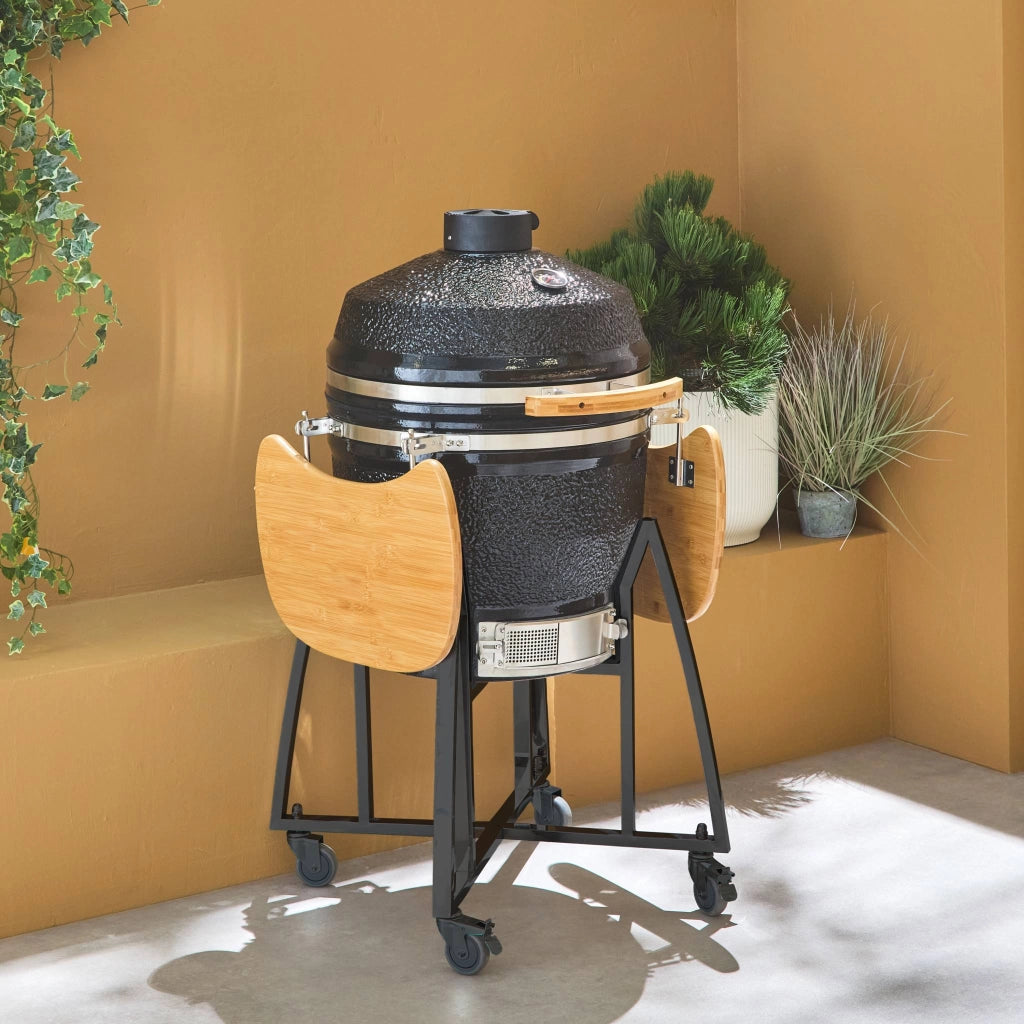 Barbecue a carbone, griglia e affumicatore, ceramica 54,5cm con ruote,