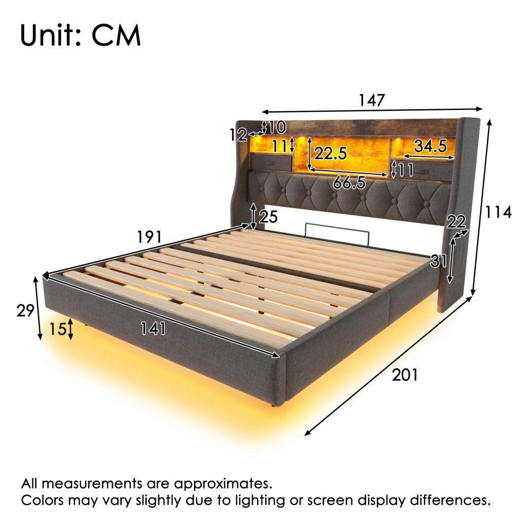 LETTO imbottito 140x190 cm con LED e USB in lino grigio con testiera contenitore