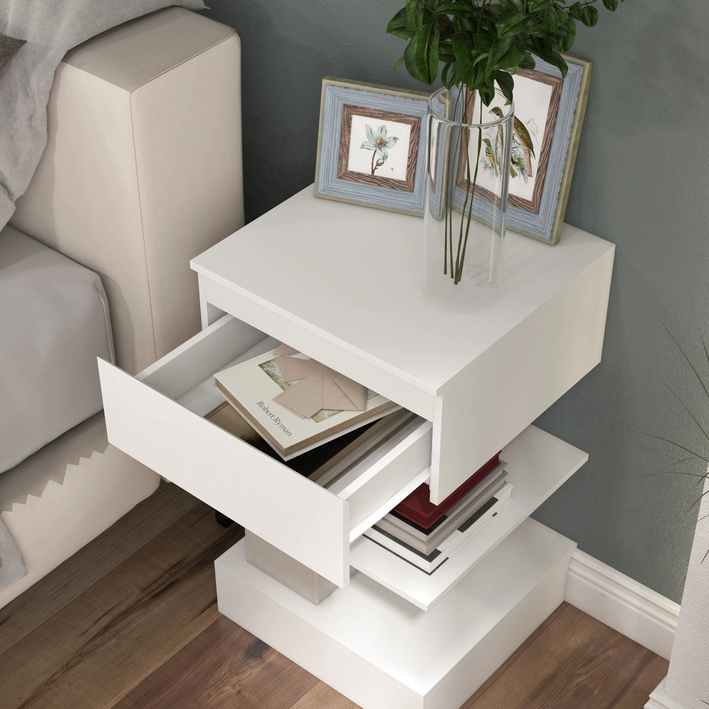 Comodino Moderno in MDF con Cassetto e Ripiani ¨C Zephmum ¨C Bianco 39x39x65