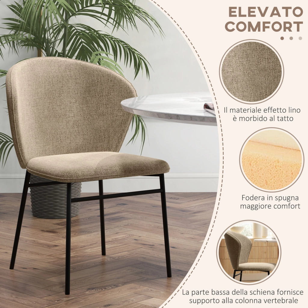 Set 2 Sedie Sala da Pranzo in Acciaio e Tessuto Effetto Lino, Seduta Imbottita, Schienale Curvo, Marrone Chiaro
