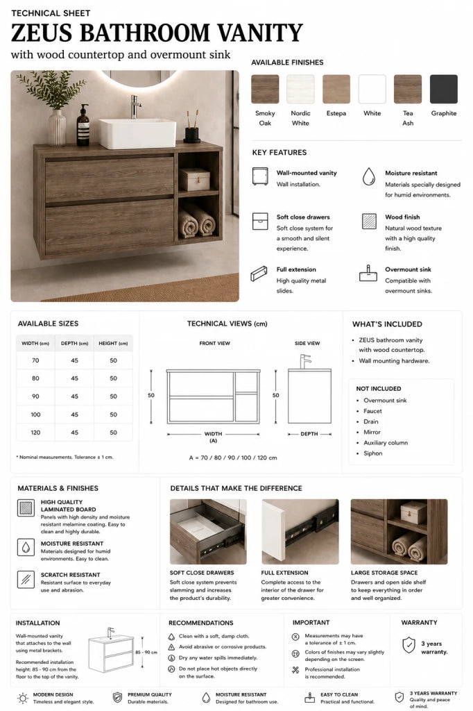 Mobile bagno con top in legno e lavabo da appoggio ORIGENBATH ZEUS senza specchio 100x45 cm Destra frassino tea