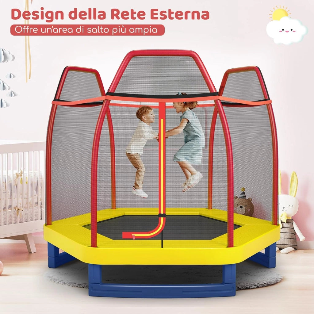 Trampolino Elastico per Bambini 223 cm, Tappeto Elastico per Bambini da Esterno ed Interno con Rete e Cuscinetto a Molle, Portata150 kg, Adatto ai Bambini 3+ Anni