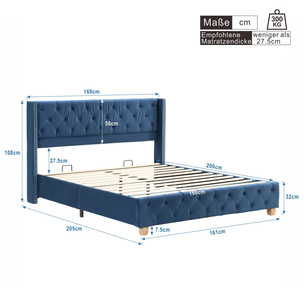 letto imbottito velluto blu 160 x 200 cm
