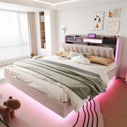 Letto Imbottito Matrimoniale con LED e USB ¨C MINIMAL ¨C Testiera con Contenitore, Tessuto, Beige, 160x200
