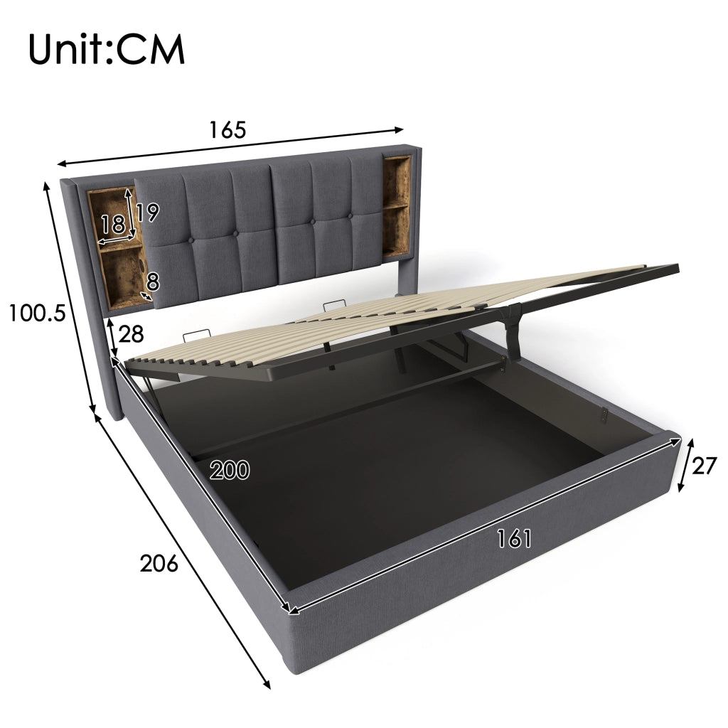 LETTO Contenitore 160x200 cm con ricarica wireless, Grigio, Cotone