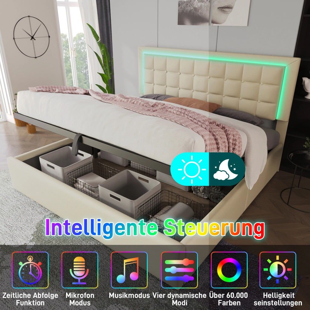 LETTO Contenitore 140x200 cm con LED, PU Bianco