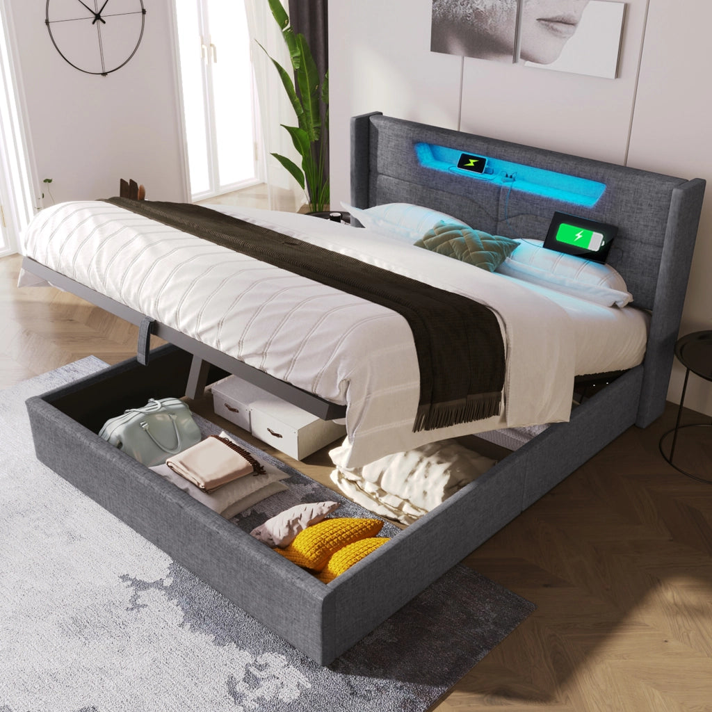 LETTO Contenitore LED 160x200 cm Lino Grigio USB Type C