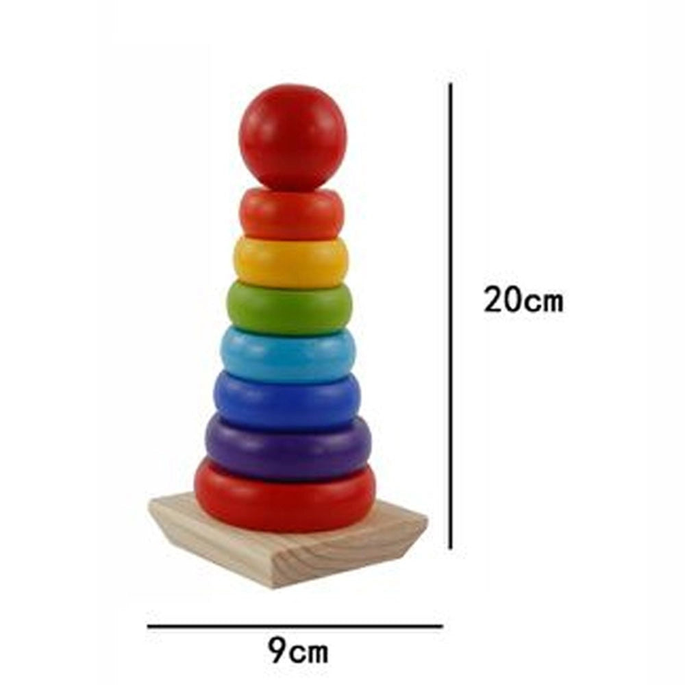 Trade Shop - Torre Arcobaleno Gioco In Legno Piramide Anelli Impilabili Montessori 20x9 Cm -
