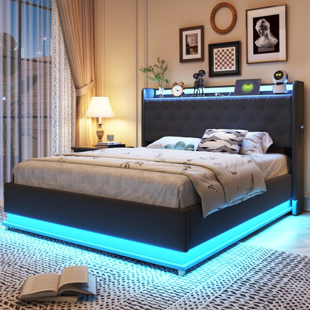 Letto imbottito LED 140x200 cm con USB e contenitore idraulico in tessuto grigio