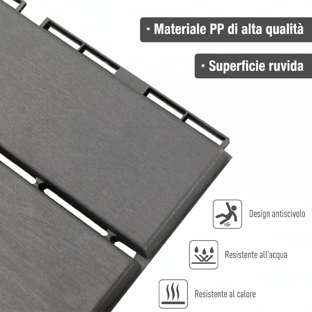 Set 9 Mattonelle a Incastro per Terrazzo, Piastrelle per Pavimenti, Piastrelle per Esterno in PP Antiscivolo, Area: 0.81 mq, 30x30x2cm, Nero