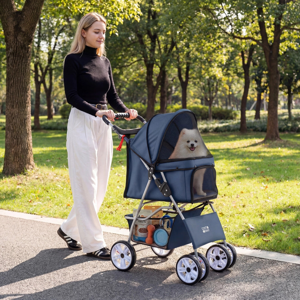 Passeggino a 4 ruote per cani e gatti fino a 15 kg con rete traspirante e copertura impermeabile, Carello leggero pieghevole per viaggio e jogger Blu