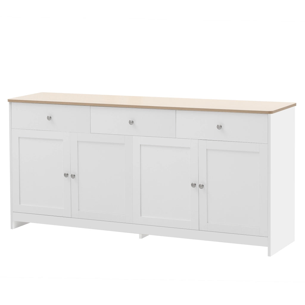 Credenza con 4 ante; 3 cassetti e ripiani regolabili in MDF bianco e color legno per soggiorno 160 × 37 × 75 cm