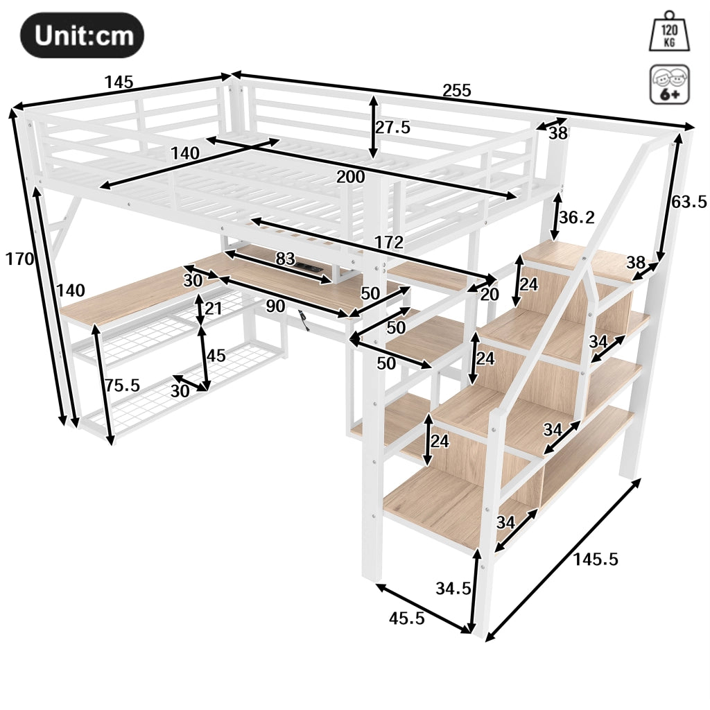 LETTO A CASTELLO 140 x 200 cm con scrivania, LED e USB, bianco