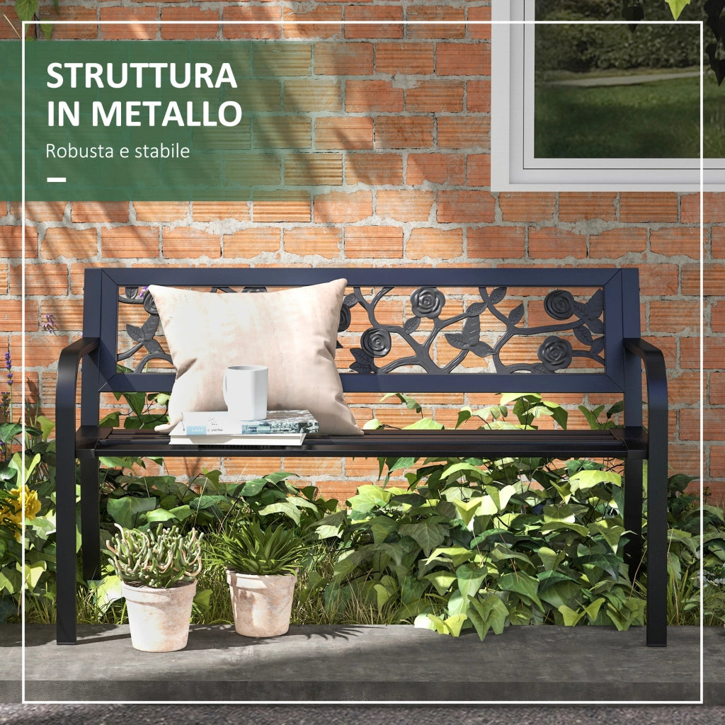 Panchina da Giardino 2 Posti ¨C Xylo ¨C Acciaio Nero con Schienale Decorato e Braccioli 127x50x75cm