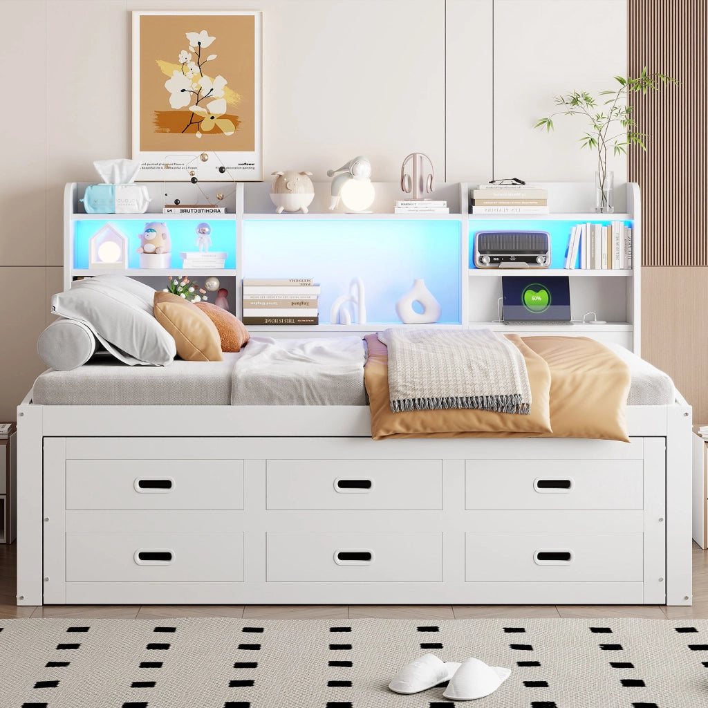 LETTO Estraibile 90x200 cm con LED, 3 Cassetti, Bianco