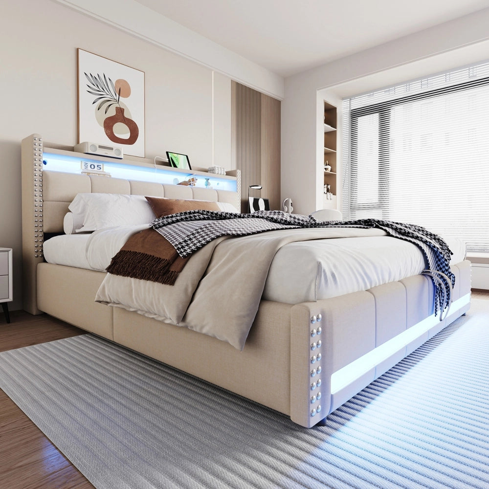 Letto matrimoniale - Xylo - 180x200 cm LED lino beige