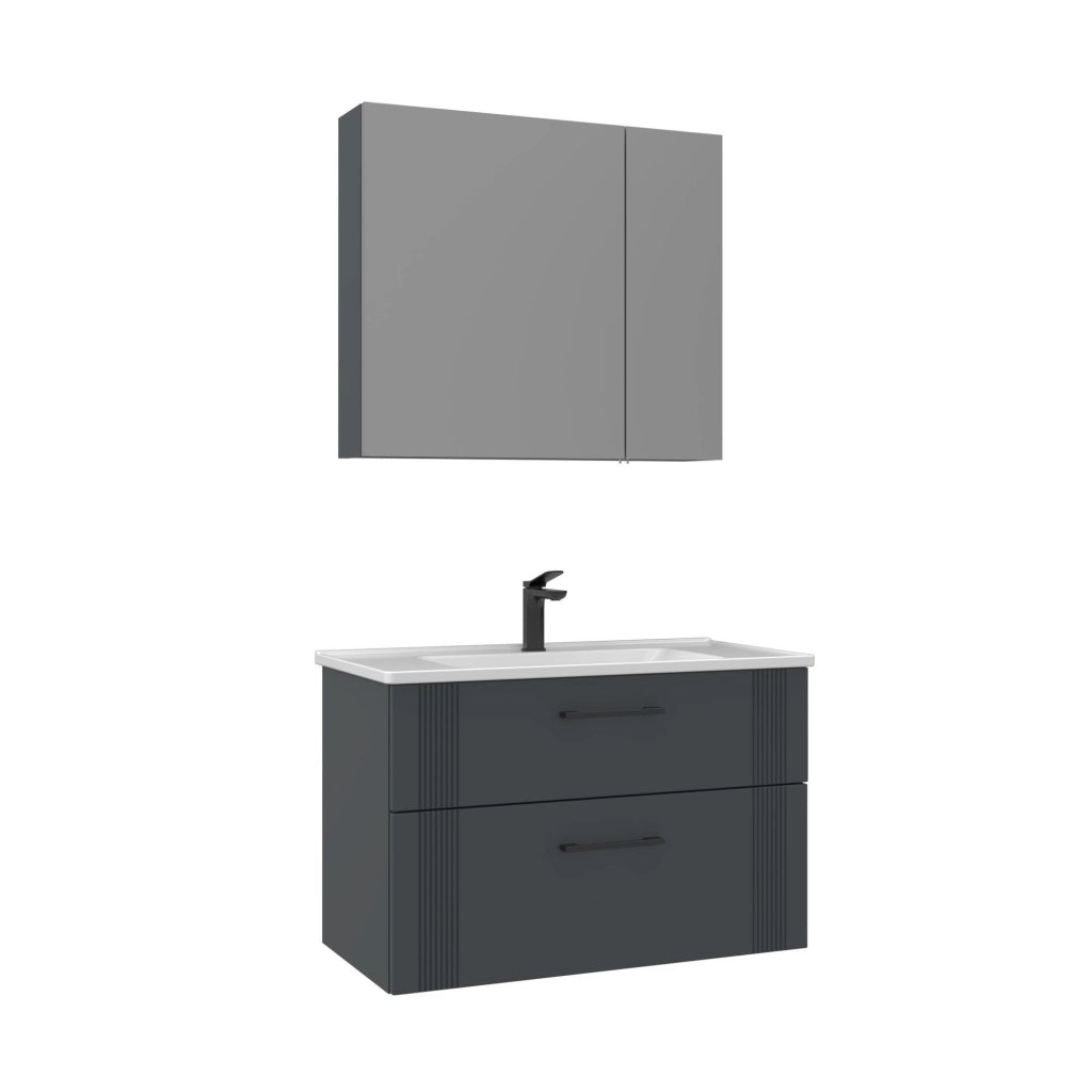 Set mobile lavabo con specchio (2 pezzi) "Bari 85 v2" - 85 x 45 x 55 cm - Antracite opaco