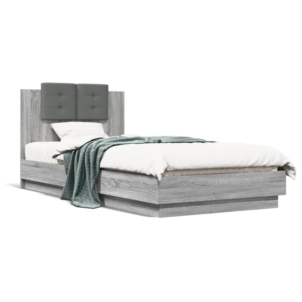 Letto singolo | Letto per adulti | Giroletto con Testiera e LED Grigio Sonoma 90x200 cm