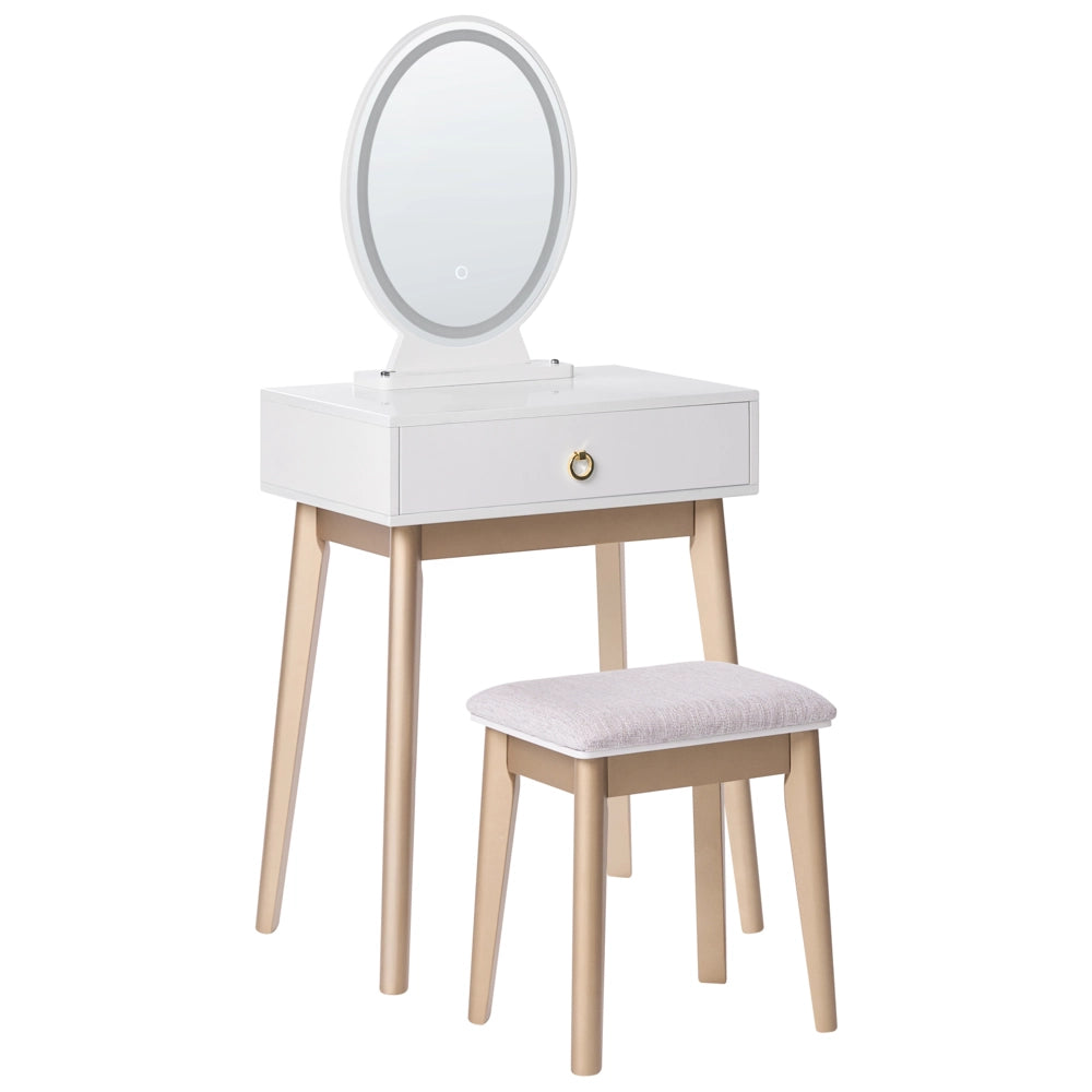 Toeletta con 3 cassetti specchio LED bianco e oro e sgabello camera da letto elegante