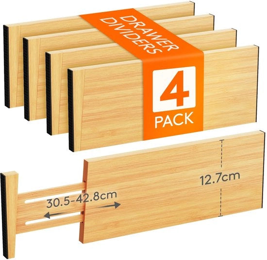 Set di divisori di carico 4 pezzi in bambù naturale, divisori di carico regolabili per altezza 12,7 cm e larghezza 40-56 cm, sistema di archiviazione per cucina, armadi e scrivanie