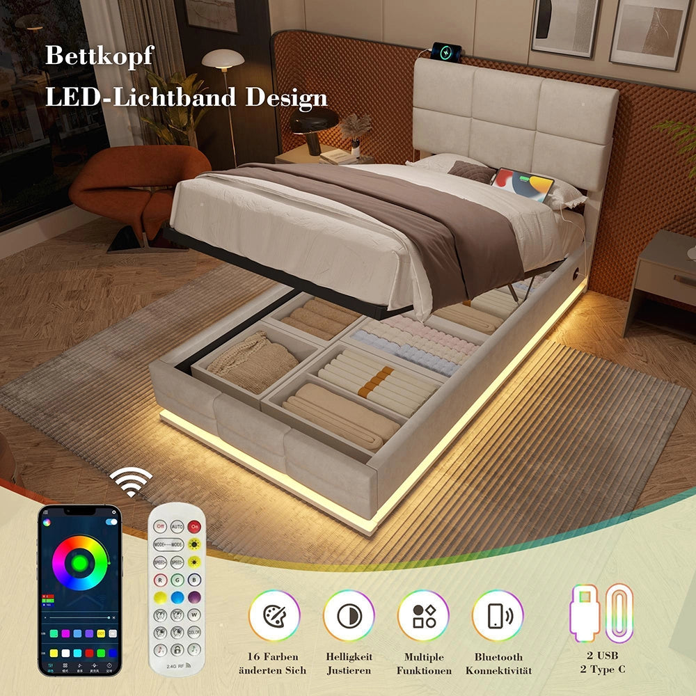 Letto 90x200cm imbottito - Xylo - velluto beige USB idraulico LED