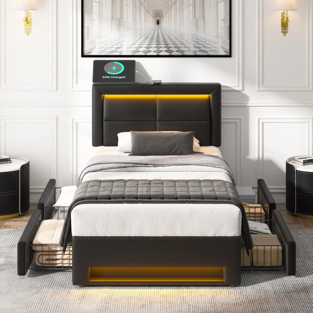 LETTO Imbottito 90x190 cm PU Nero con USB, LED e 4 cassetti