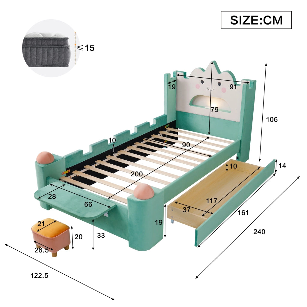 LETTO a nuvola con lampada da lettura e USB 90x200 cm velluto blu/verde