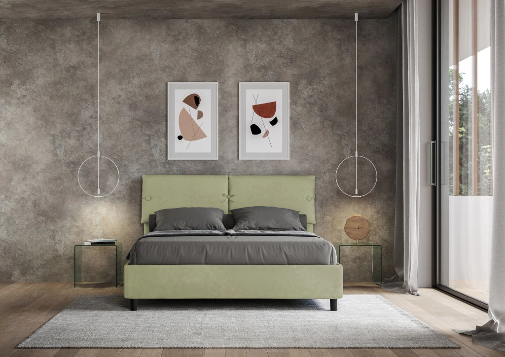 BS COM Letto matrimoniale senza rete imbottito 160x210 microfibra tè verde