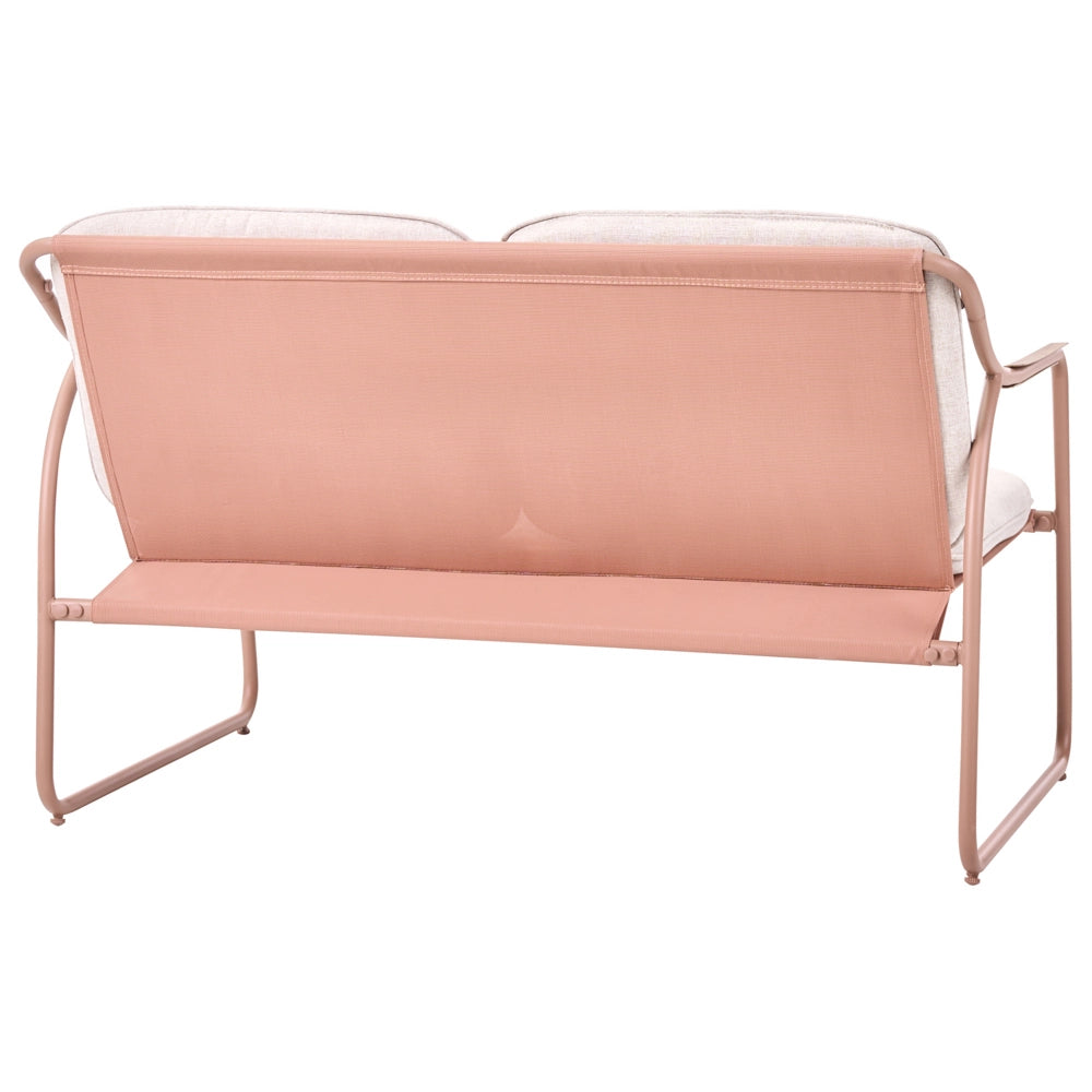 Set da giardino con divano a 4 posti, struttura in acciaio beige, cuscini in olefina e tavolino in vetro temperato: set da per esterni