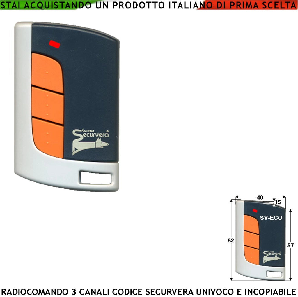 Telecomando Radiocomando 3 Canali Frequenza 433,92 MHz Potenza 1 mW Portata Libera 60/100 MT Codice Sicurezza Securvera Rolling Code 66 Bit Batteria 12 V 23A Contenitore ABS Tre Colori Tasti Numerati