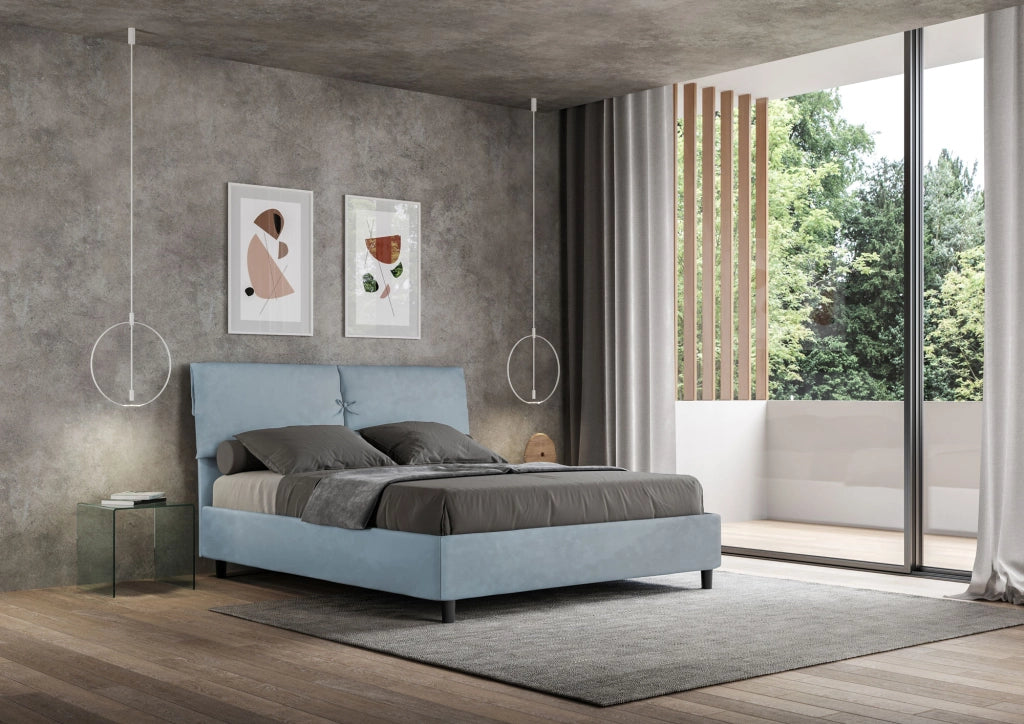 BS COM Letto matrimoniale senza rete imbottito 160x200 microfibra azzurro