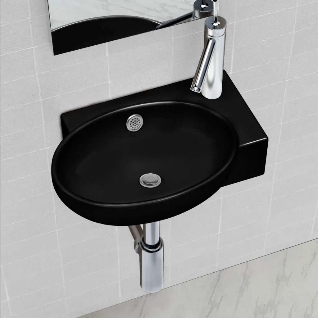 Lavandino in Ceramica-Lavabo-Lavello Nera Rotondo con Foro Rubinetto/ Trabocco