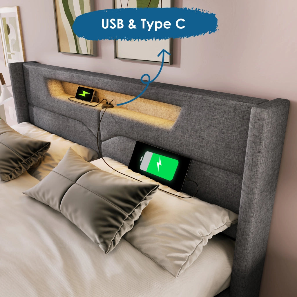 LETTO imbottito 160x200 cm in tessuto grigio con LED e porte USB Type C